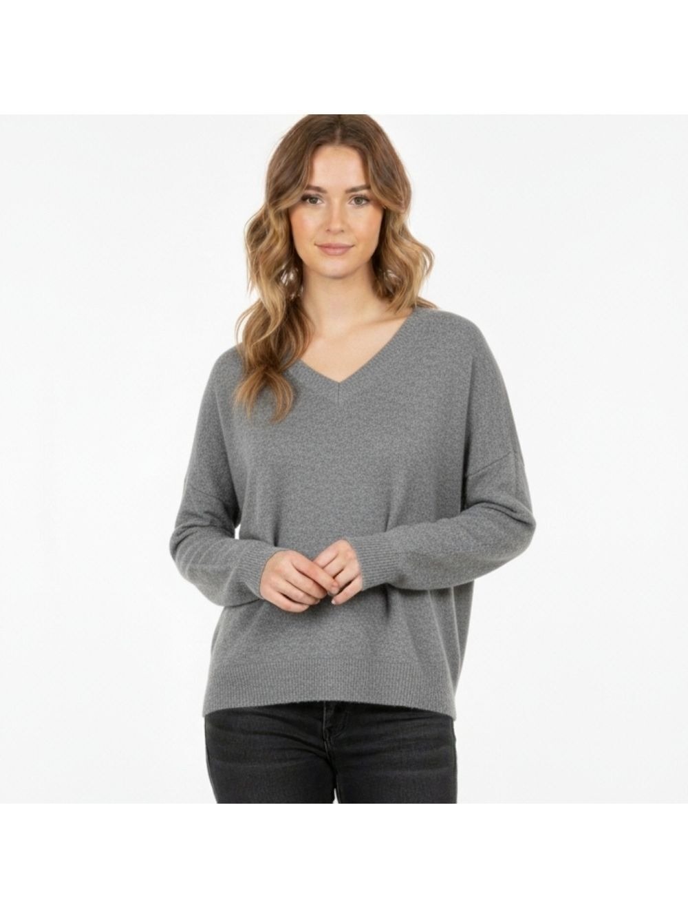 ALFRED SUNG Gray V Neck Cotton Wool Blend Long Sleeve Sweater Size XL